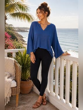 We The Free Blue Waffle Knit Boho Top Bell Sleeve V-Neck Size S